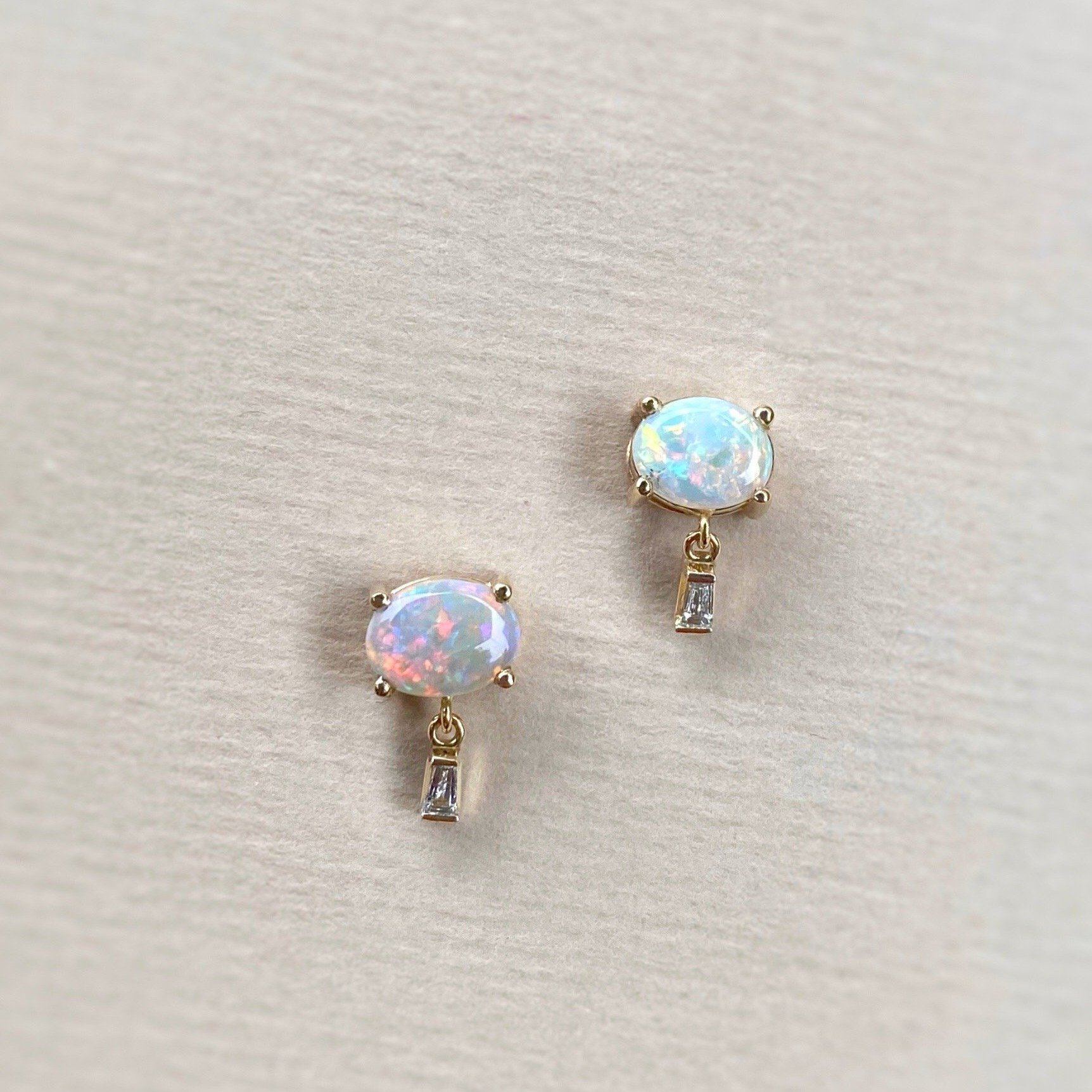 "Delaunay" 1.18ct Red Crystal Opal & Baguette Diamond Studs