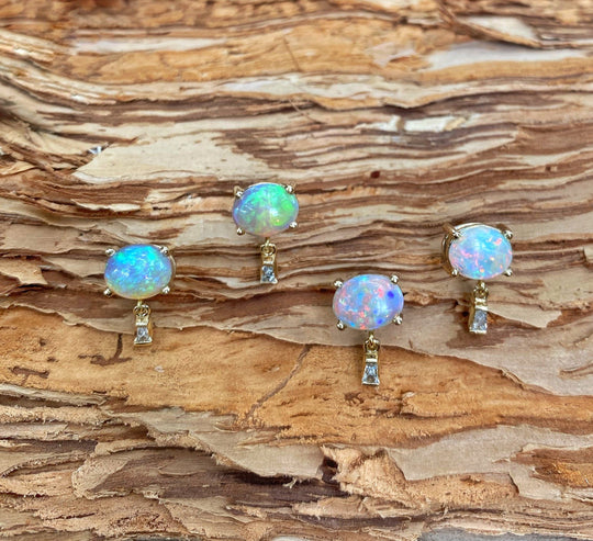 "Delaunay" 1.18ct Red Crystal Opal & Baguette Diamond Studs
