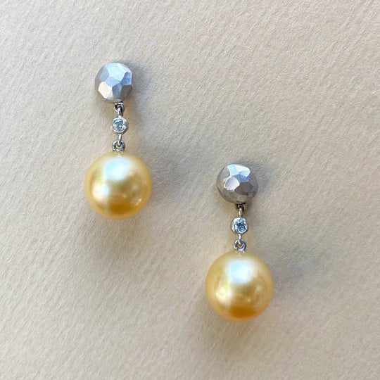 "Helmi" Gold Pearl & White Diamond in Platinum Earrings