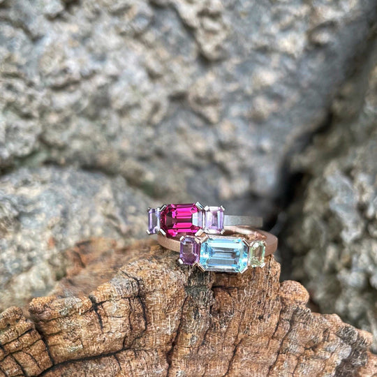 "Mosaic" Aquamarine and Sapphire Ring Rose Gold Ring JasonRee