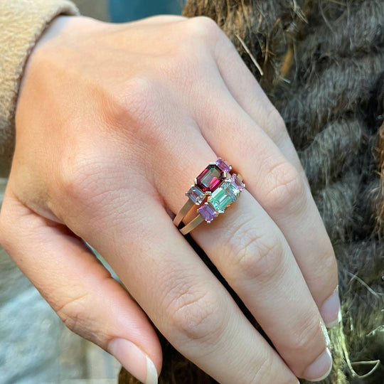 "Mosaic" Aquamarine and Sapphire Ring Yellow Gold Ring JasonRee