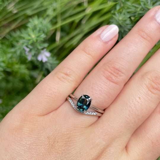 Wearing the "HighWire" 1.69ct teal Australian sapphire and platinum ring