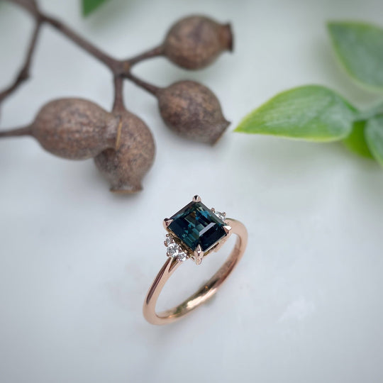 'Zoe' 1.93ct Unheated Australian Teal Square Emerald-cut Rose Gold Ring Ring Jason Ree Design
