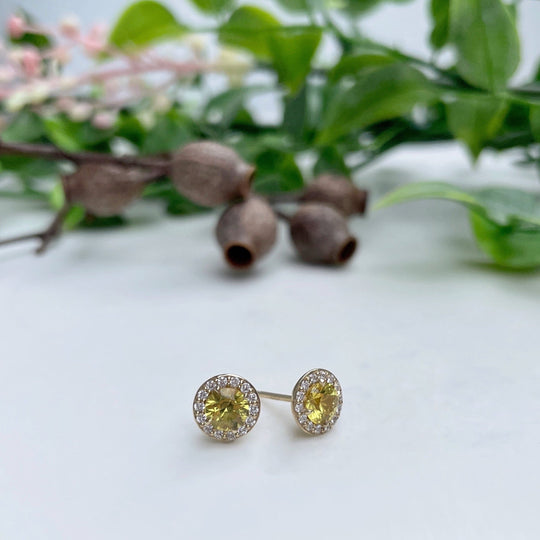 'Angelica' Golden Australian Sapphire & Diamond Halo Earrings Earrings Jason Ree Design