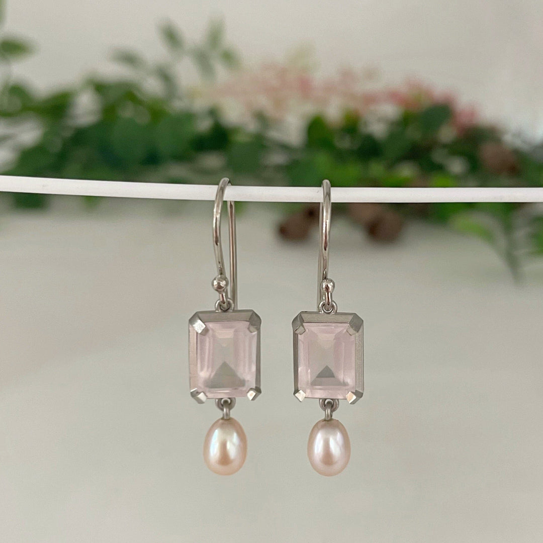 ‘Chevron’ 14ct Rose Quartz & Pink Pearl White Gold Earrings (Large) Earrings Jason Ree Design 