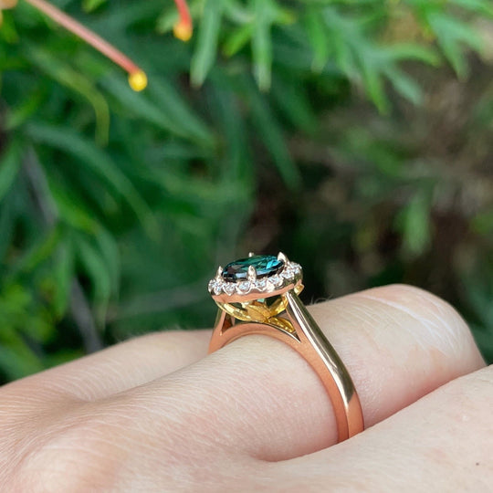 ‘Zipporah’ 1.30ct Teal Australian Sapphire Halo Ring Ring Jason Ree Design