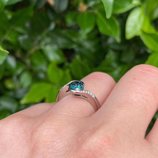 ‘La Mer’ 0.90ct deep Teal Australian Sapphire 18ct white gold ring Jason Ree Design