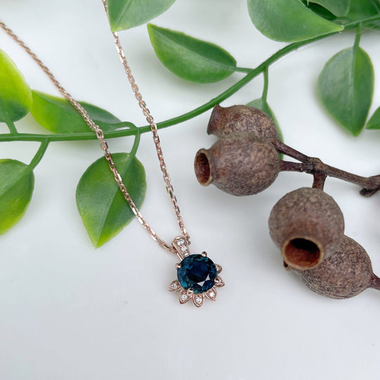 'Lotus' 1.19ct Australian teal sapphire rose gold necklace Pendant Jason Ree Design