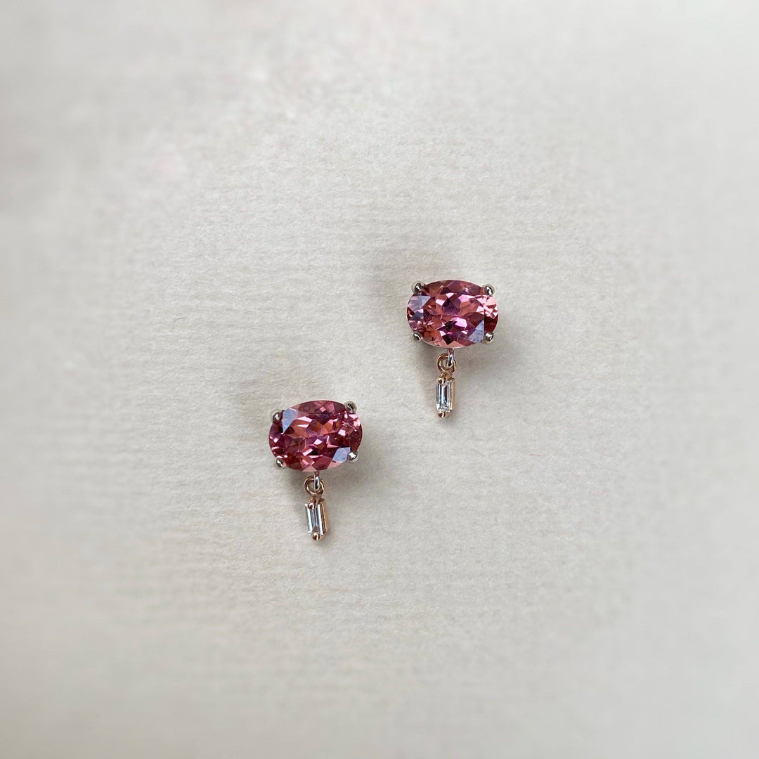 "Delaunay" 2.69ct Pink Tourmaline & Baguette Diamond Studs Earrings
