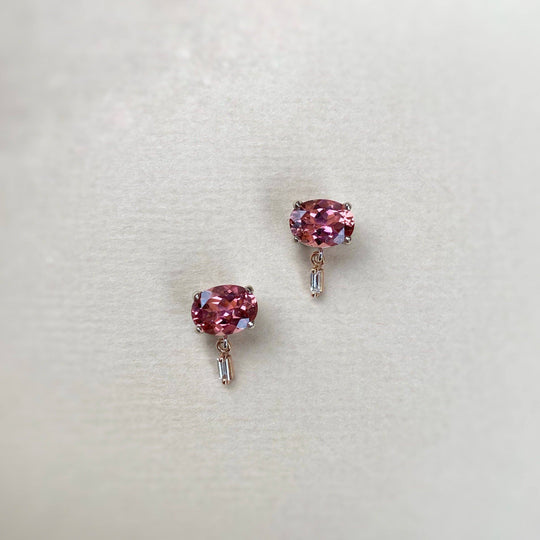 "Delaunay" 2.69ct Pink Tourmaline & Baguette Diamond Studs Earrings