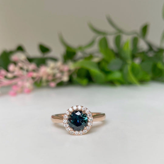 ‘Zipporah’ 1.30ct Teal Australian Sapphire Halo Ring Ring Jason Ree Design