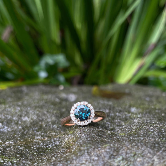 ‘Zipporah’ 1.30ct Teal Australian Sapphire Halo Ring Ring Jason Ree Design