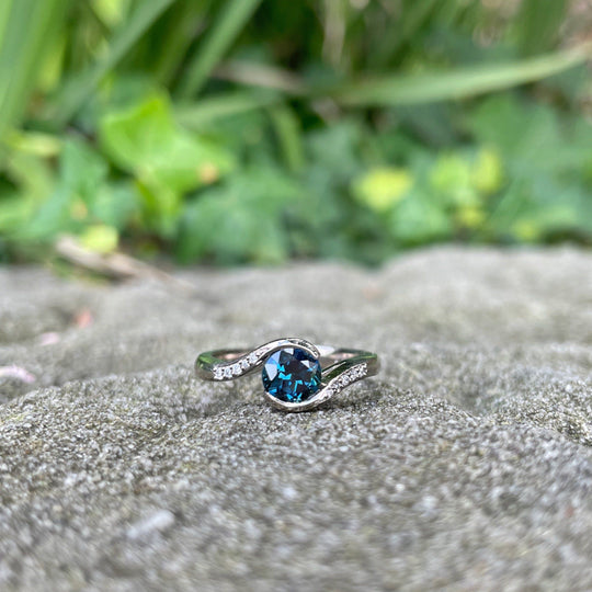 ‘La Mer’ 0.90ct deep Teal Australian Sapphire 18ct white gold ring Jason Ree Design