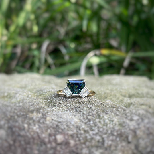 "Monaco" 1.99ct Australian Sapphire and Baguette Diamond Fan Ring Ring JasonRee