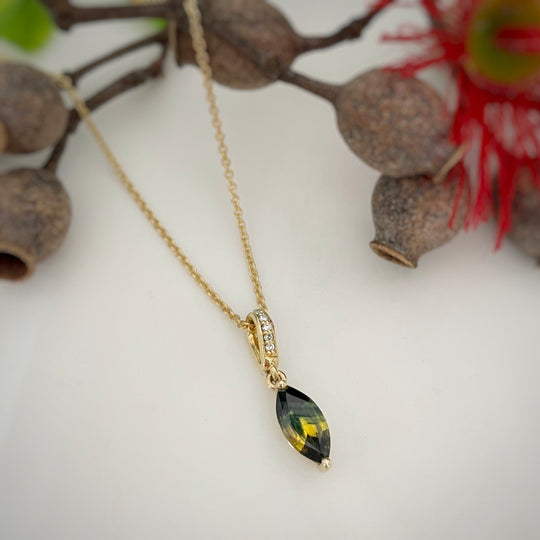 ‘Isabeau’ ‘Parti’ marquise-cut Australian sapphire & diamond necklace Pendant Jason Ree Design