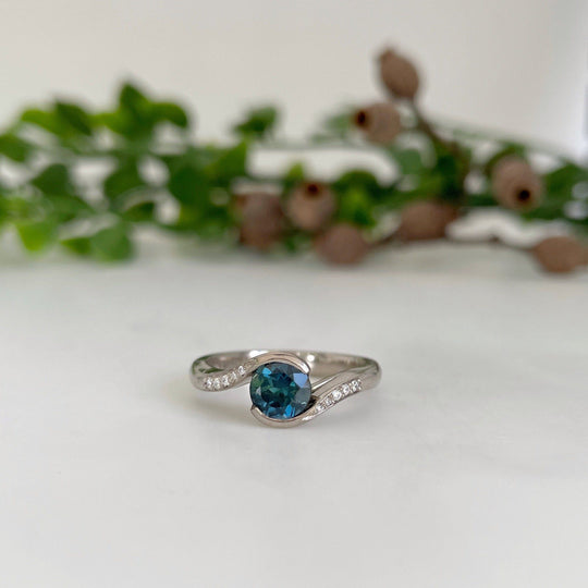 ‘La Mer’ 0.90ct deep Teal Australian Sapphire 18ct white gold ring Jason Ree Design 