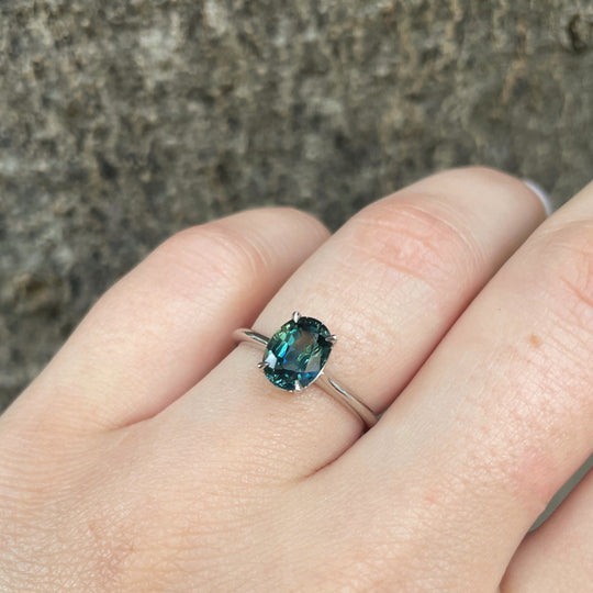 on hand "HighWire" 1.69ct teal Australian sapphire and platinum ring