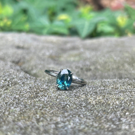 "HighWire" 1.69ct teal Australian sapphire and platinum ring