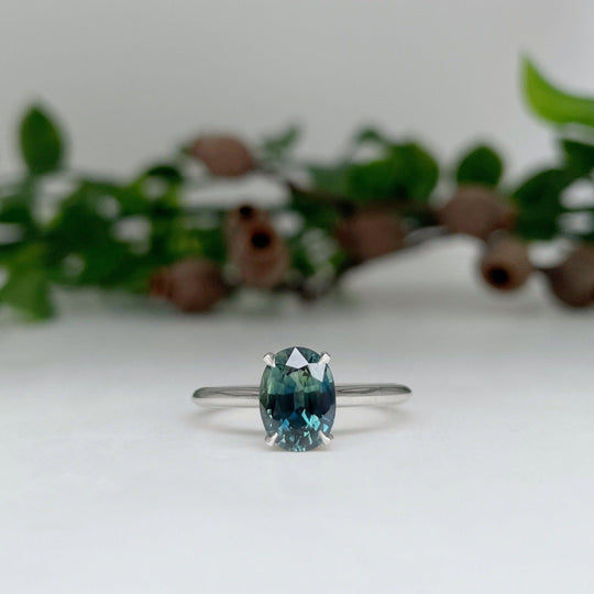 "HighWire" 1.69ct teal Australian sapphire and platinum ring