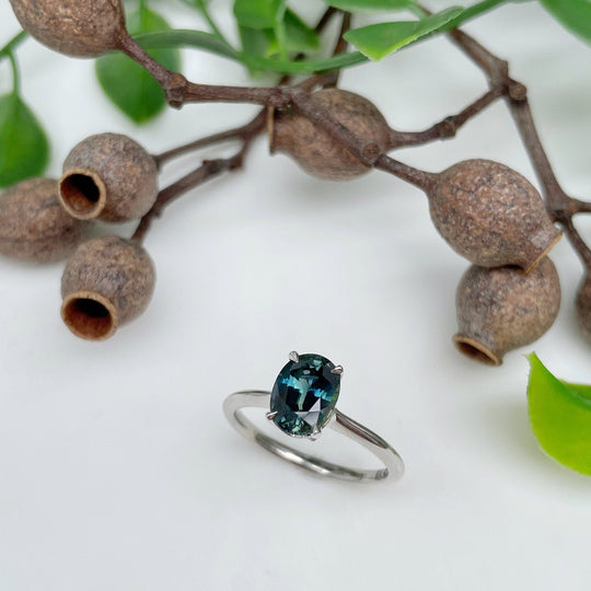 "HighWire" 1.69ct teal Australian sapphire and platinum ring