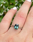 "HighWire" 1.69ct teal Australian sapphire and platinum ring on hand