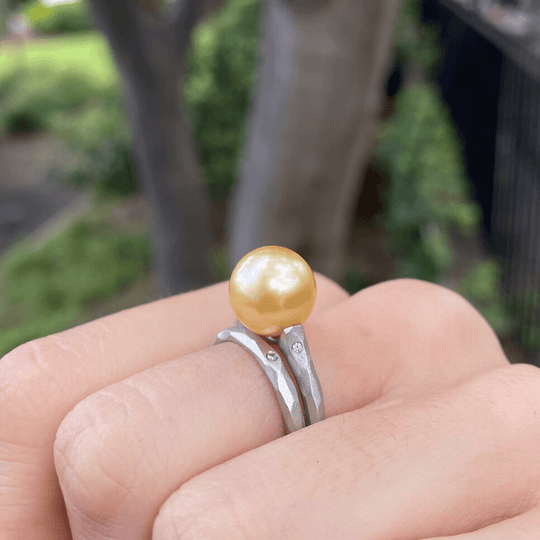 "Helmi" South Sea Pearl & White Diamond Platinum Ring on hand