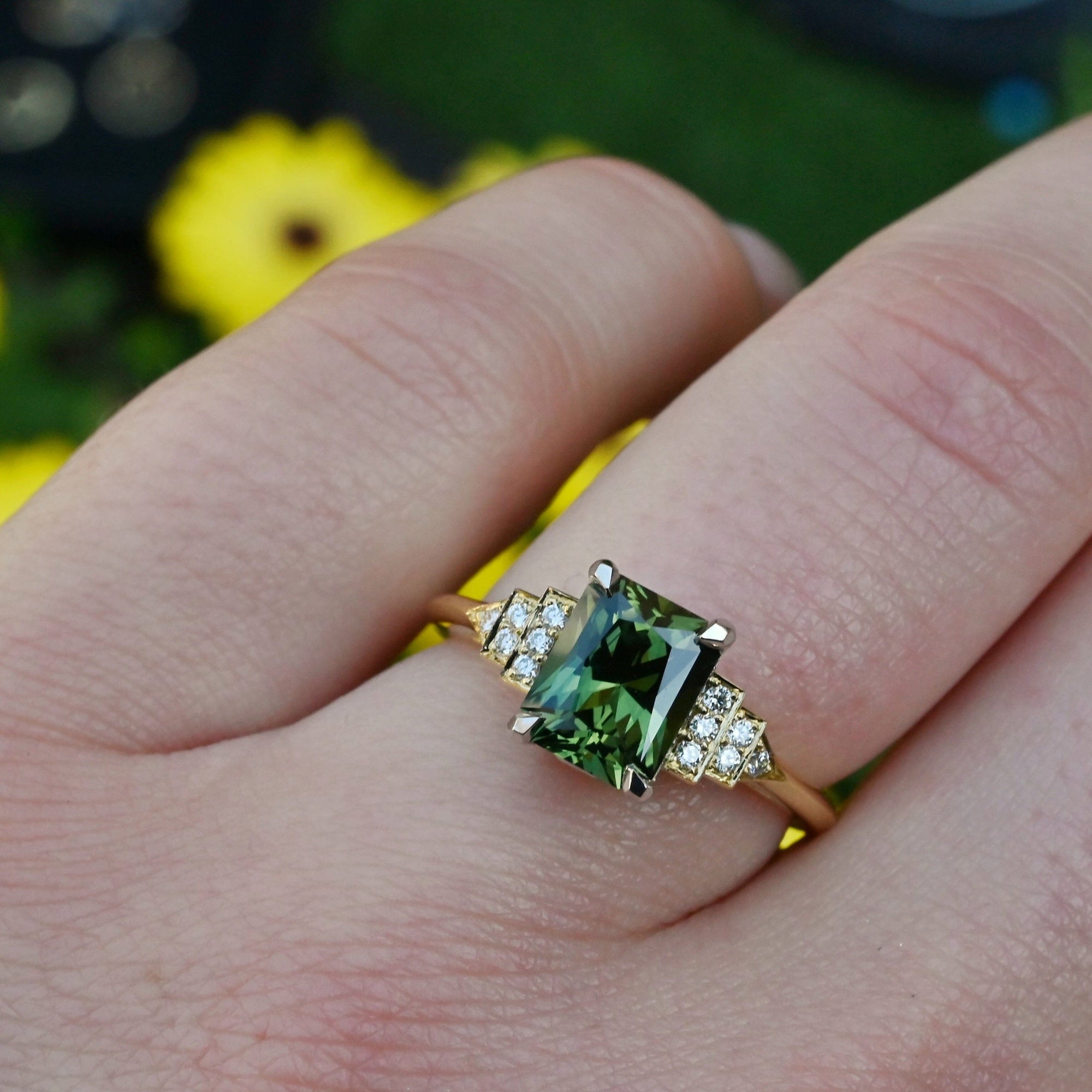 ‘Lillian’ 1.97ct Australian Green Emerald-Cut Sapphire &amp; Diamond Ring Ring Jason Ree Design 