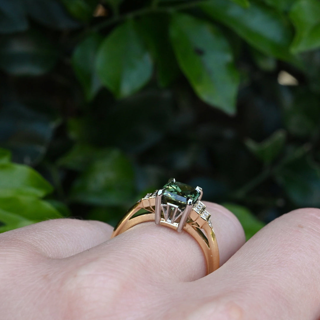 ‘Lillian’ 1.97ct Australian Green Emerald-Cut Sapphire & Diamond Ring Ring Jason Ree Design 