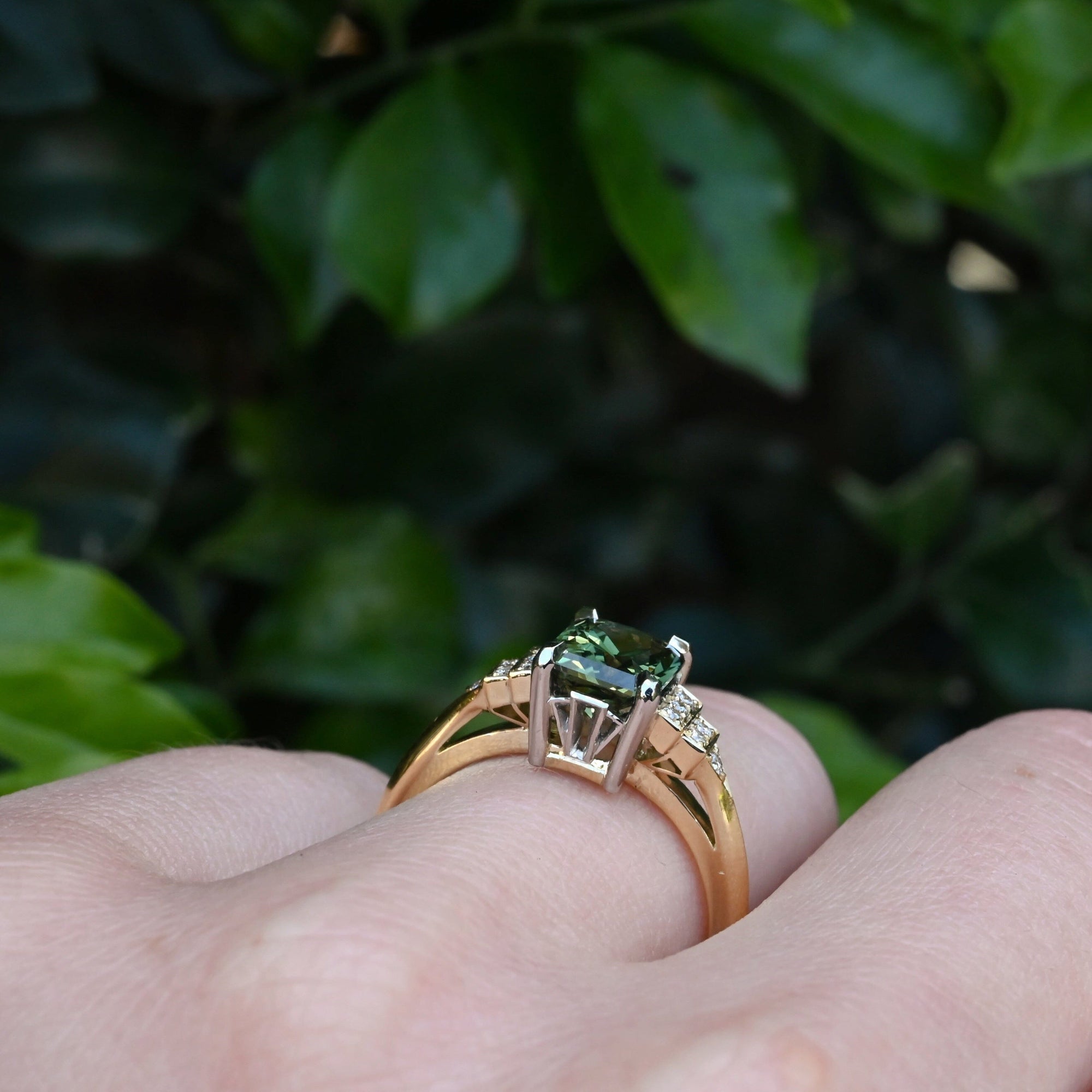 ‘Lillian’ 1.97ct Australian Green Emerald-Cut Sapphire & Diamond Ring Ring Jason Ree Design 