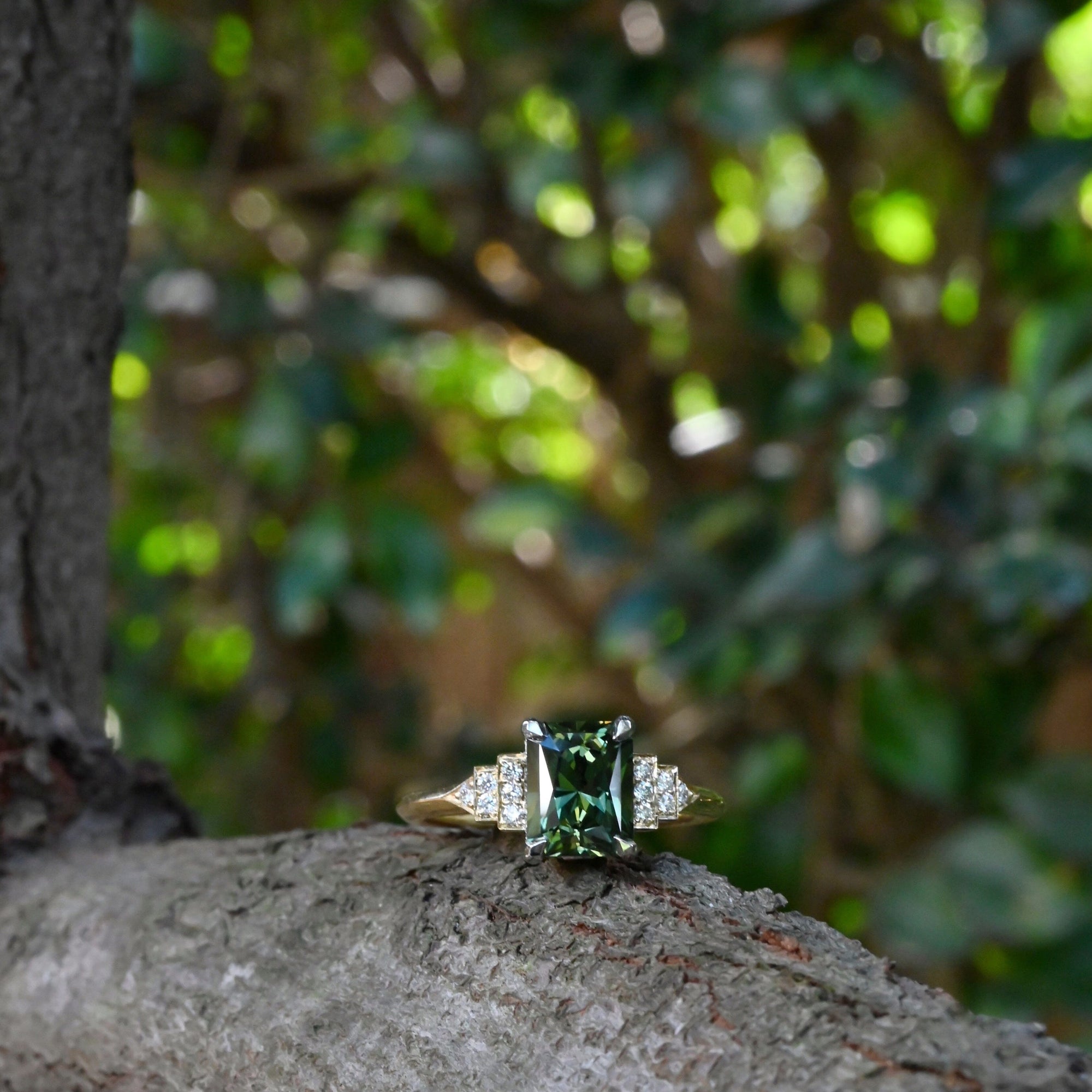 ‘Lillian’ 1.97ct Australian Green Emerald-Cut Sapphire &amp; Diamond Ring Ring Jason Ree Design 