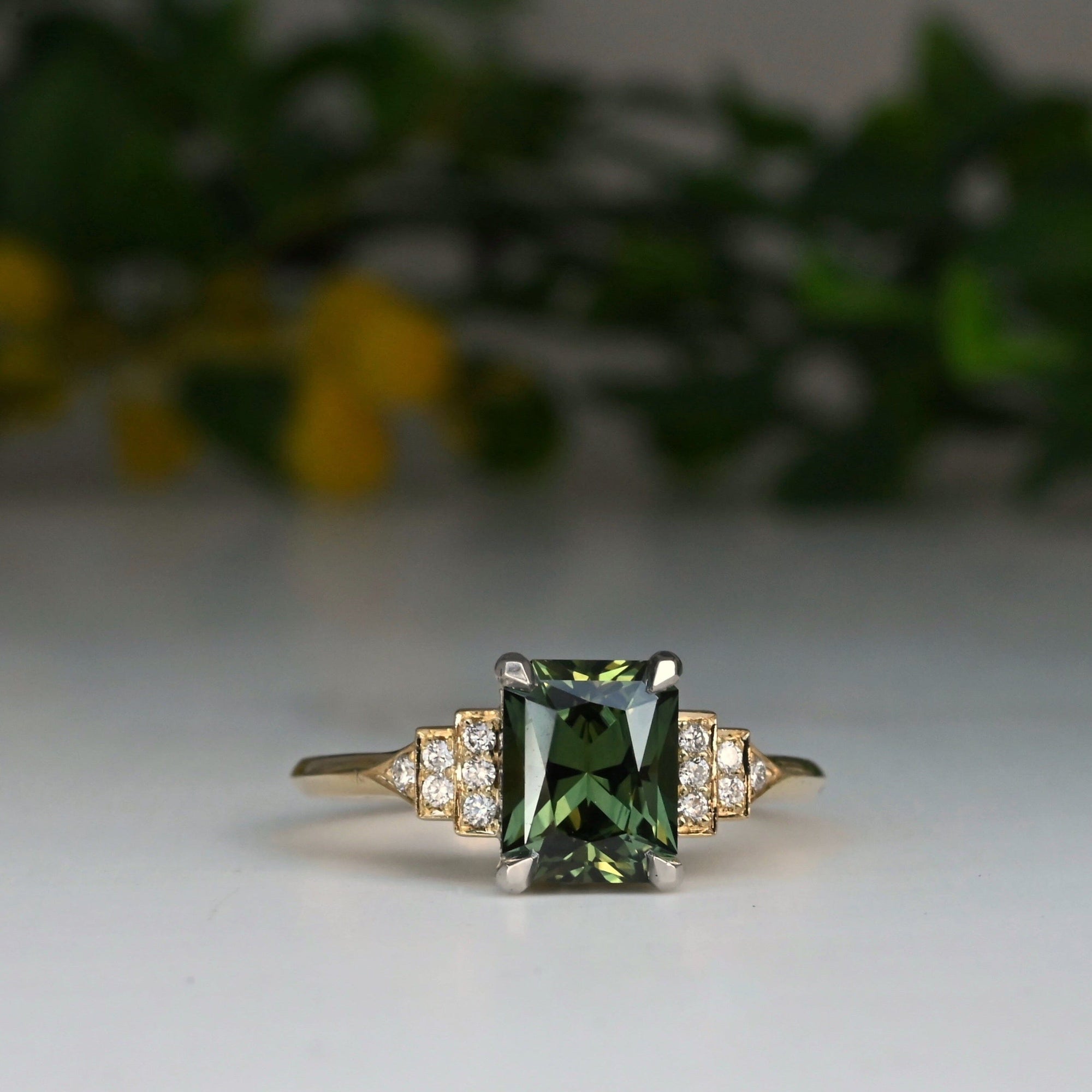 ‘Lillian’ 1.97ct Australian Green Emerald-Cut Sapphire &amp; Diamond Ring Ring Jason Ree Design 
