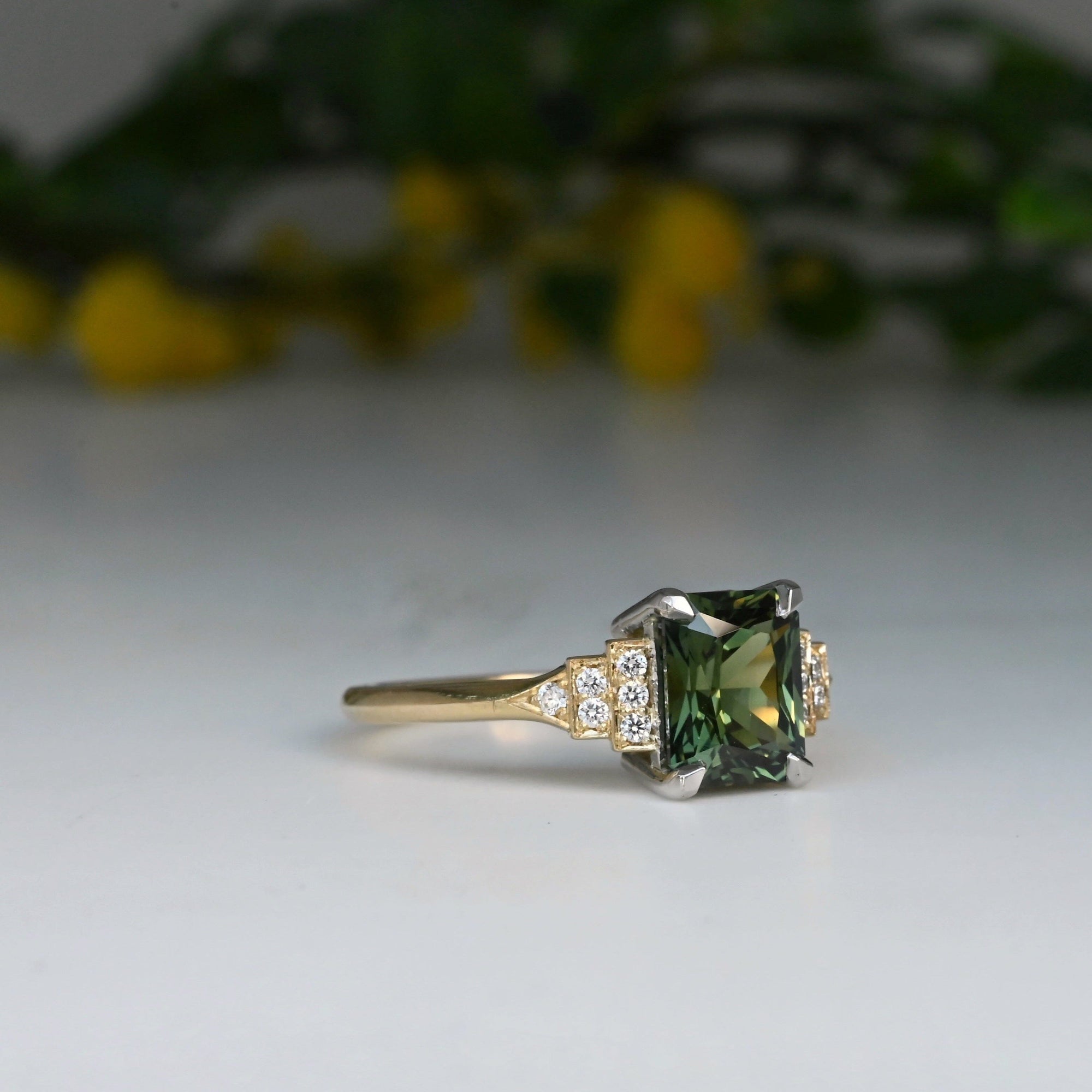 ‘Lillian’ 1.97ct Australian Green Emerald-Cut Sapphire &amp; Diamond Ring Ring Jason Ree Design 