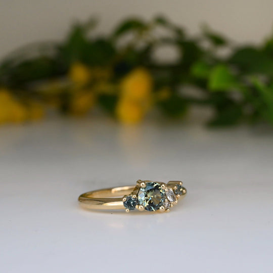‘Rockpool’ 0.58ct Australian Sapphire & Diamond Cluster Yellow Gold RIng Ring Jason Ree Design 