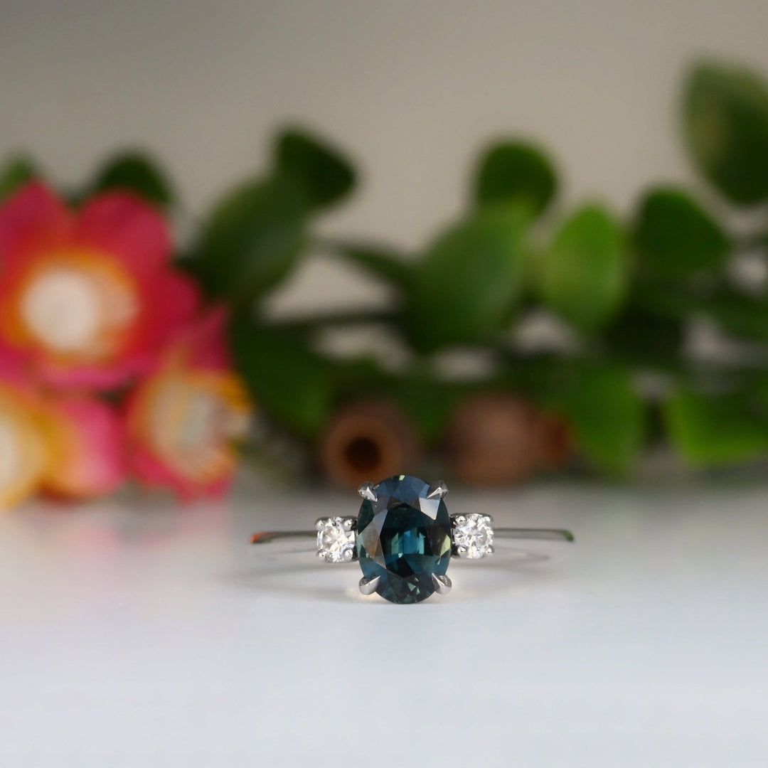 ‘Riverina’ 1.21ct Blue Green Australian Sapphire & Diamond Platinum Ring Ring Jason Ree Design 