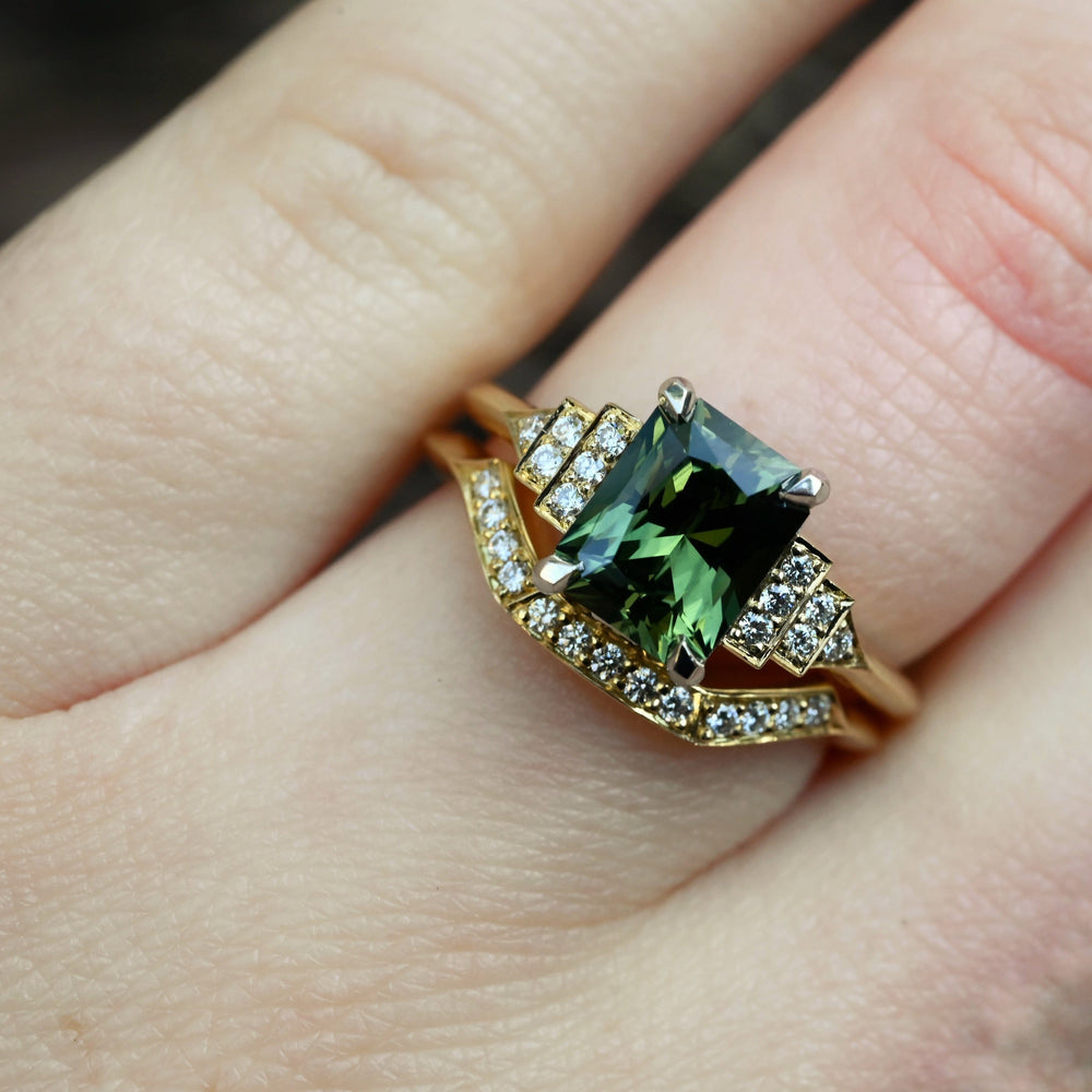 ‘Lillian’ 1.97ct Australian Green Emerald-Cut Sapphire & Diamond Ring Ring Jason Ree Design 