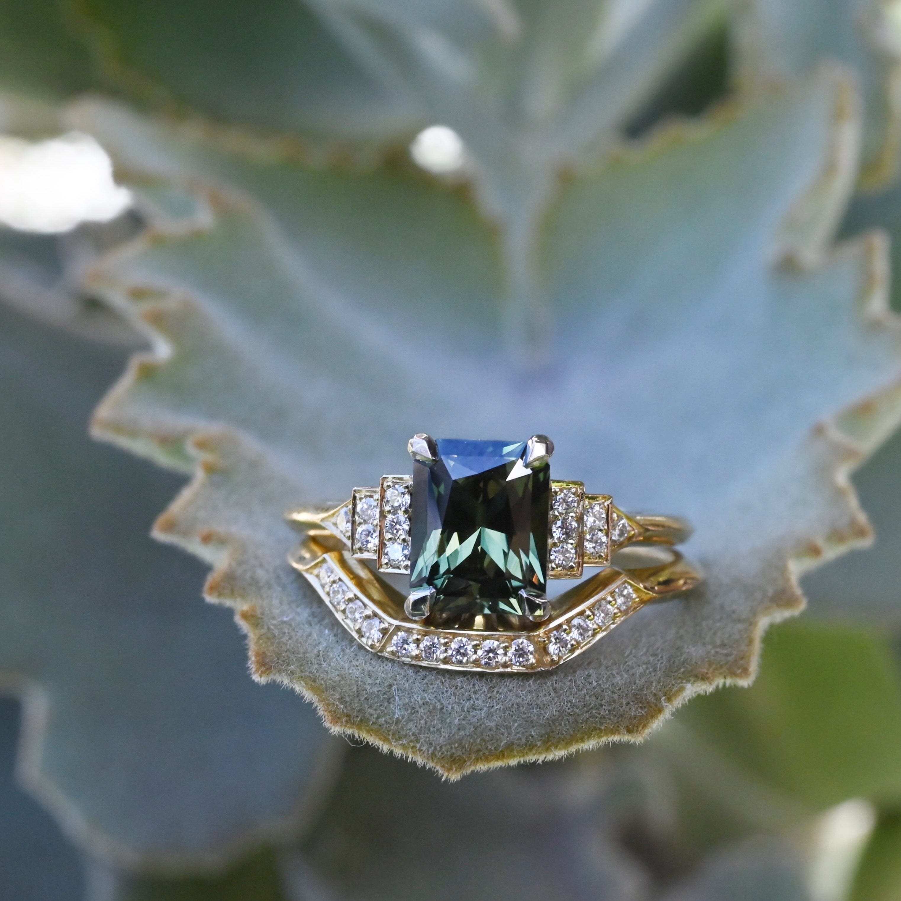 ‘Lillian’ 1.97ct Australian Green Emerald-Cut Sapphire & Diamond Ring Ring Jason Ree Design 