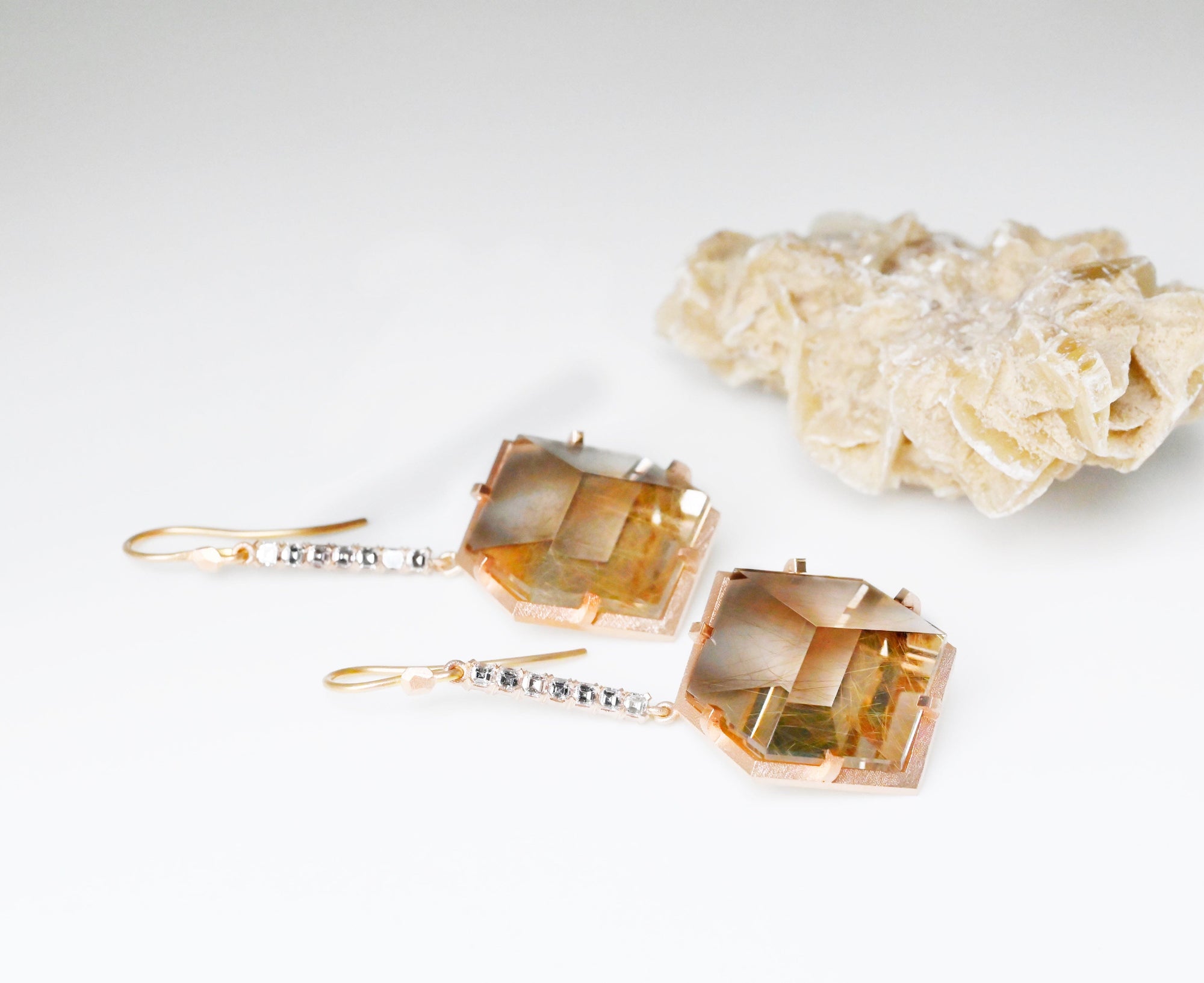 ‘Geode’ Rutilated Champagne Quartz & Diamond Drop Rose Gold Earrings 