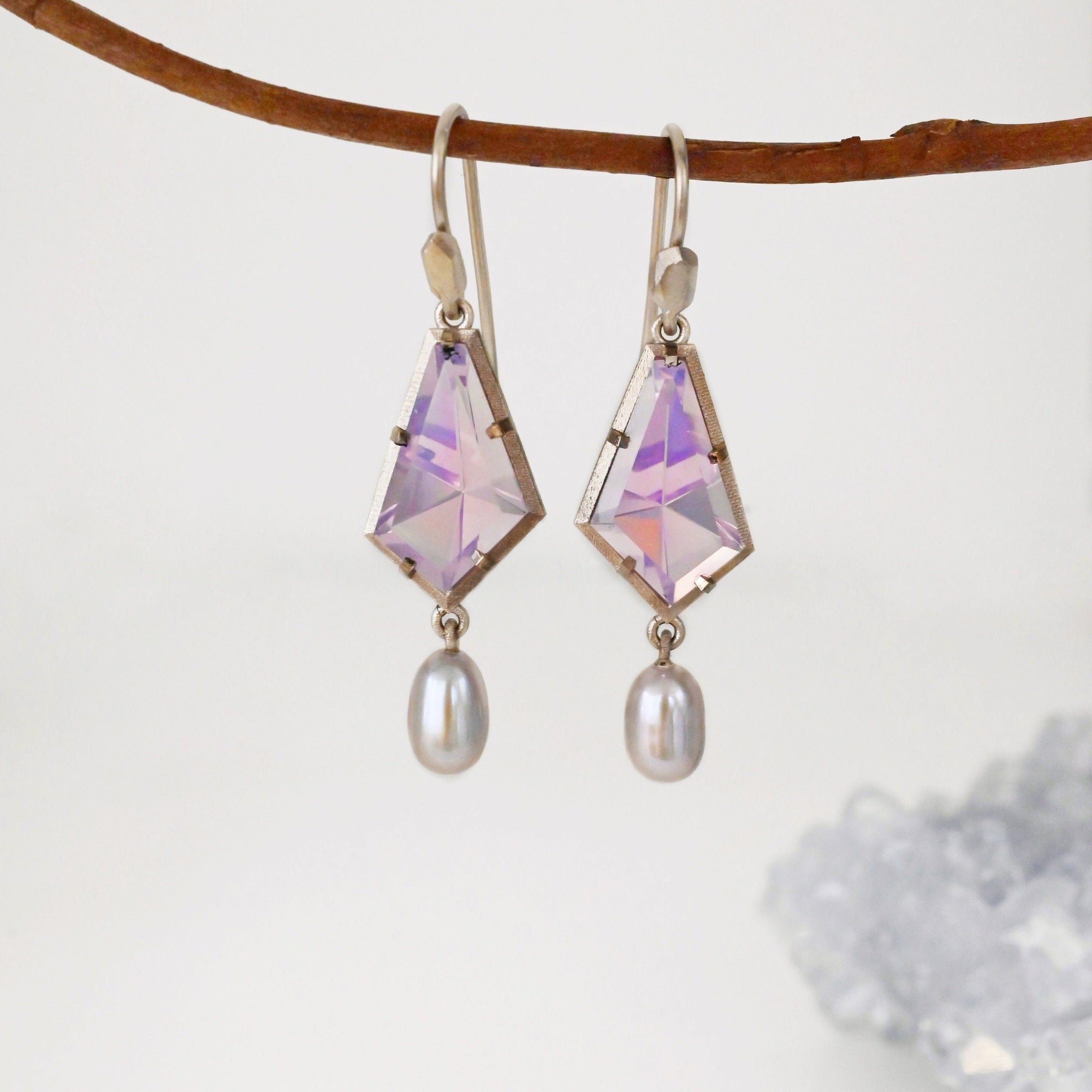 ‘Summit’ Lavender Quartz & Silver Pearl Drop White Gold Earrings Earrings Jason Ree Design 