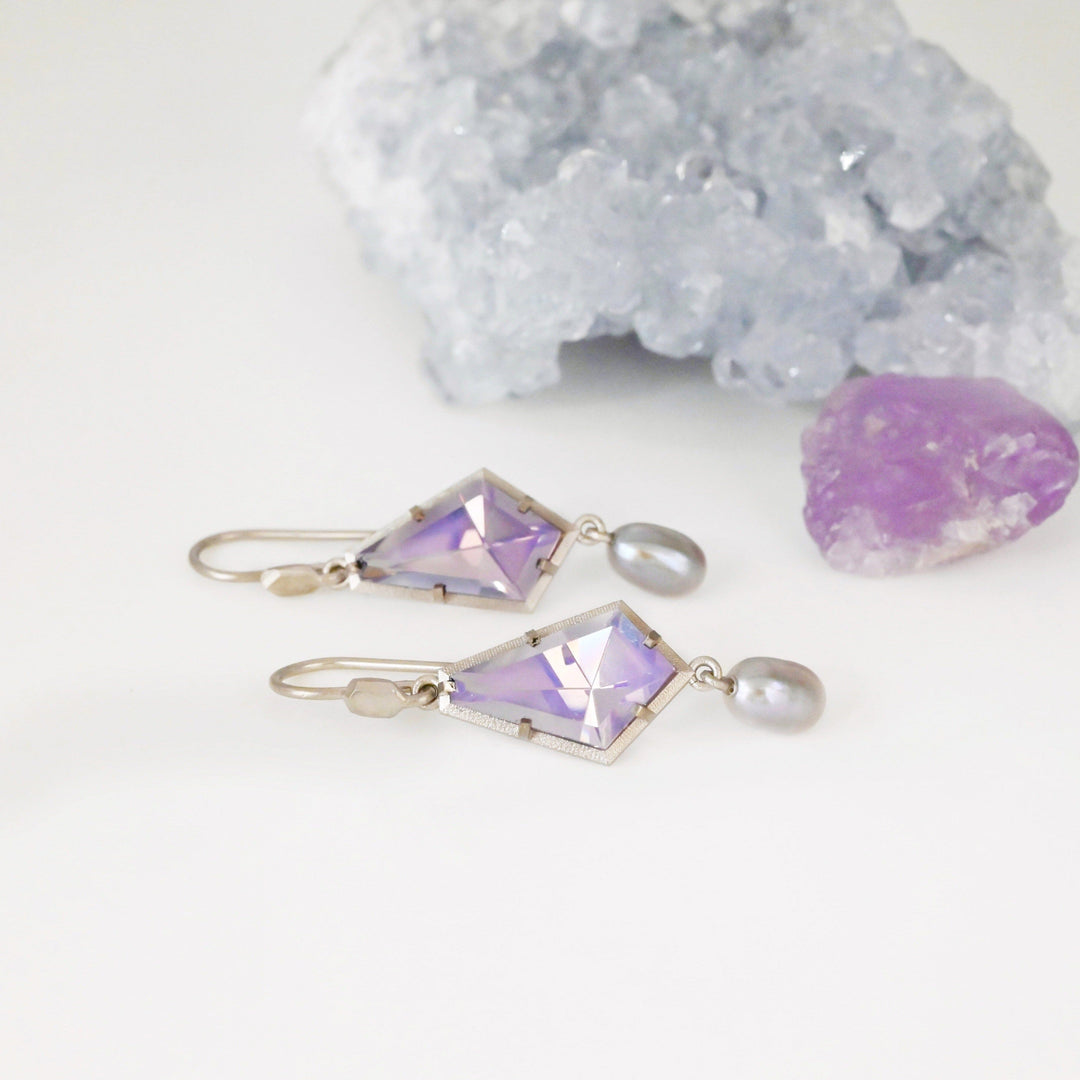 ‘Summit’ Lavender Quartz & Silver Pearl Drop White Gold Earrings Earrings Jason Ree Design 
