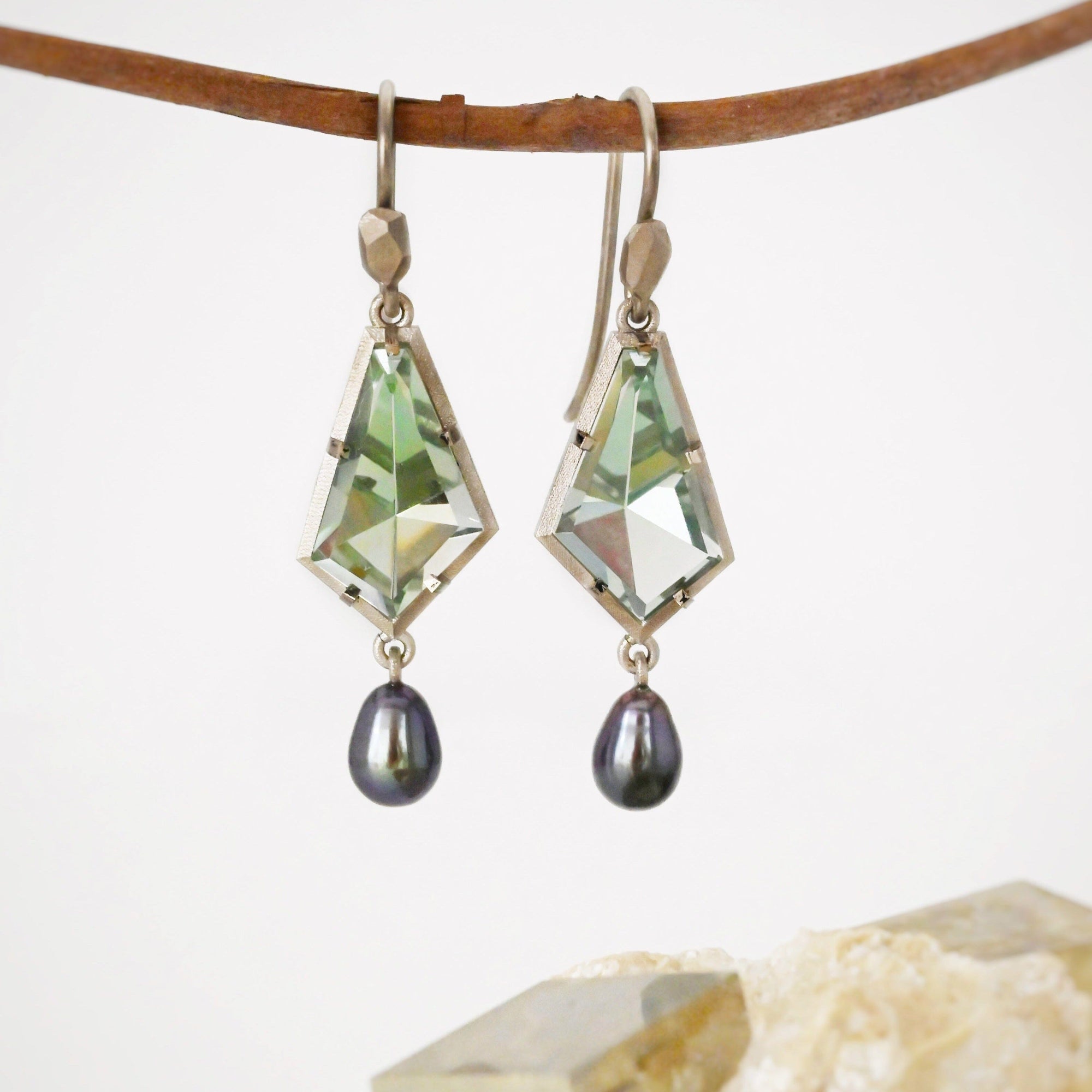 ‘Summit’ Prasiolite & Black Pearl White Gold Earrings Earrings Jason Ree Design 
