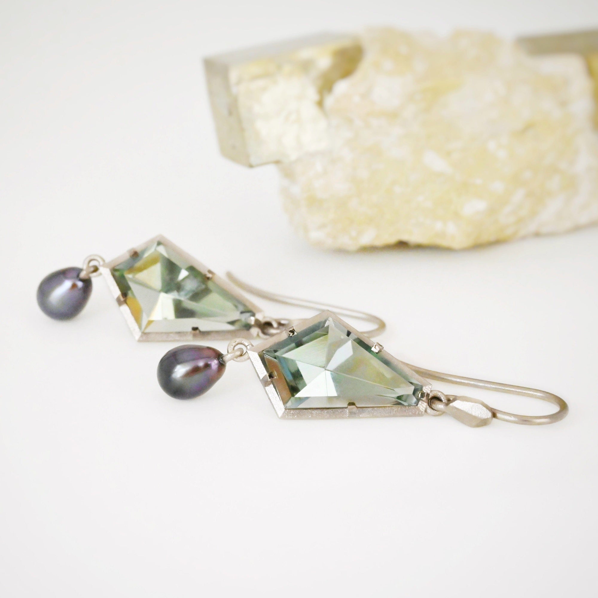 ‘Summit’ Prasiolite & Black Pearl White Gold Earrings Earrings Jason Ree Design 