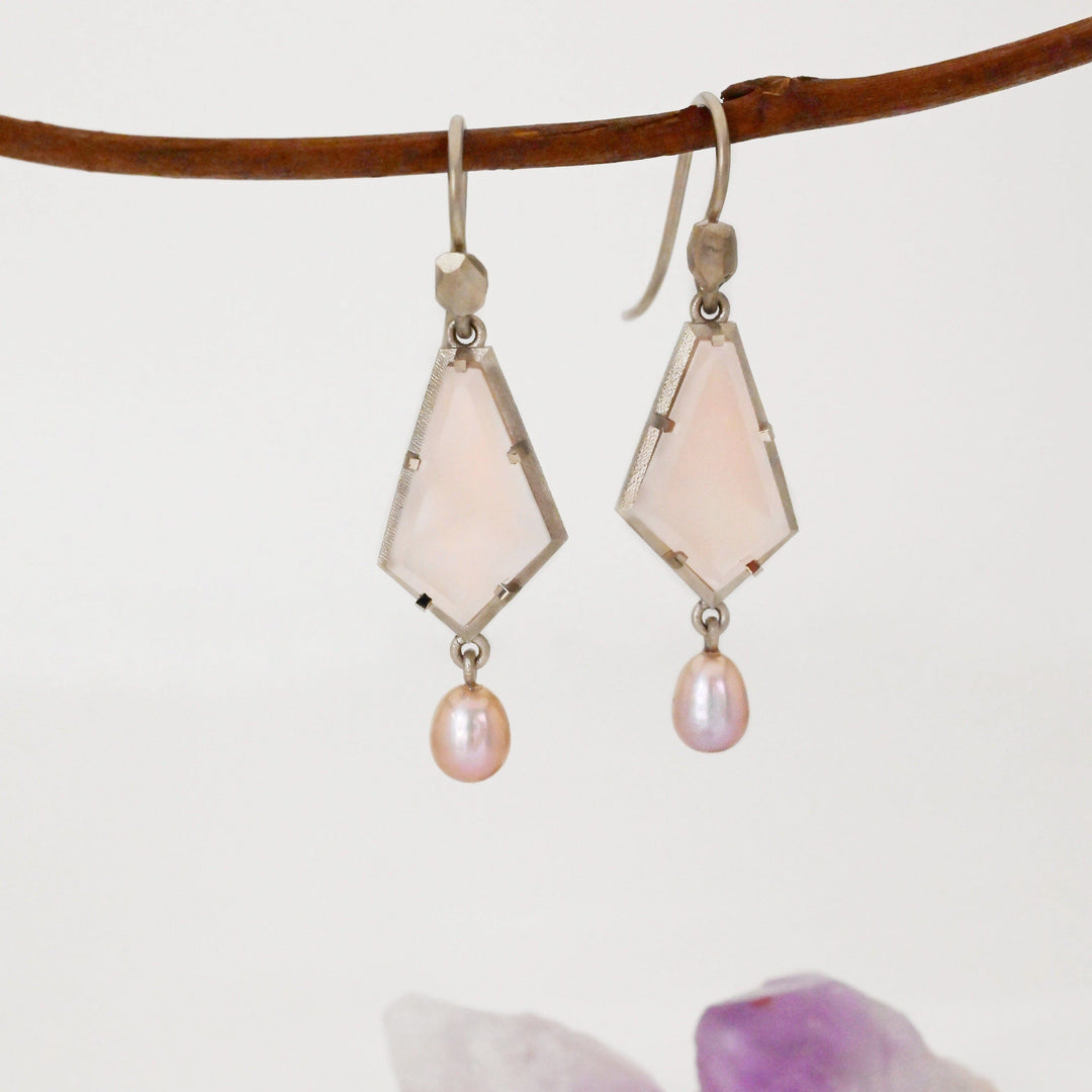 ‘Summit’ Rose Quartz & Pink Pearl Drop White Gold Earrings Earrings Jason Ree Design 