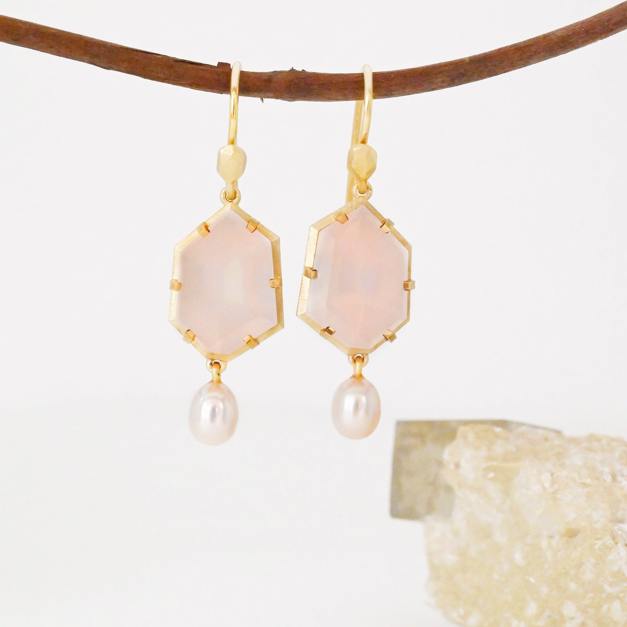 ‘Peak’ Rose Quartz & Pink Pearl Yellow Gold Earrings 