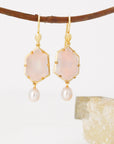 ‘Peak’ Rose Quartz & Pink Pearl Yellow Gold Earrings 