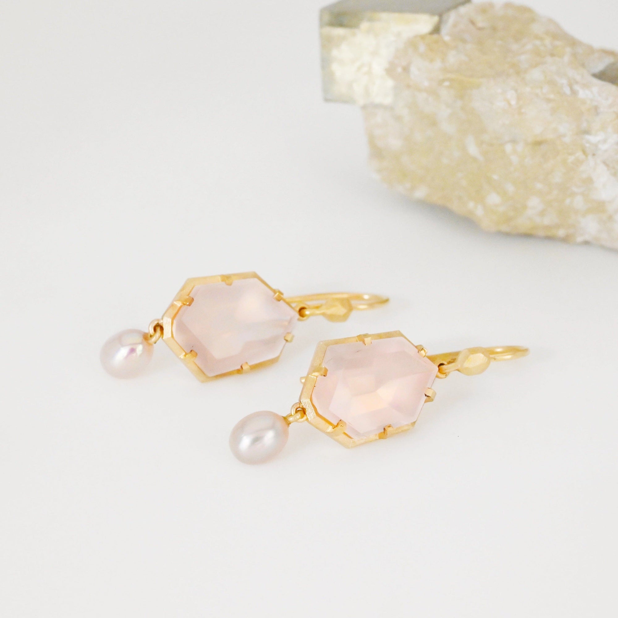 ‘Peak’ Rose Quartz & Pink Pearl Yellow Gold Earrings 