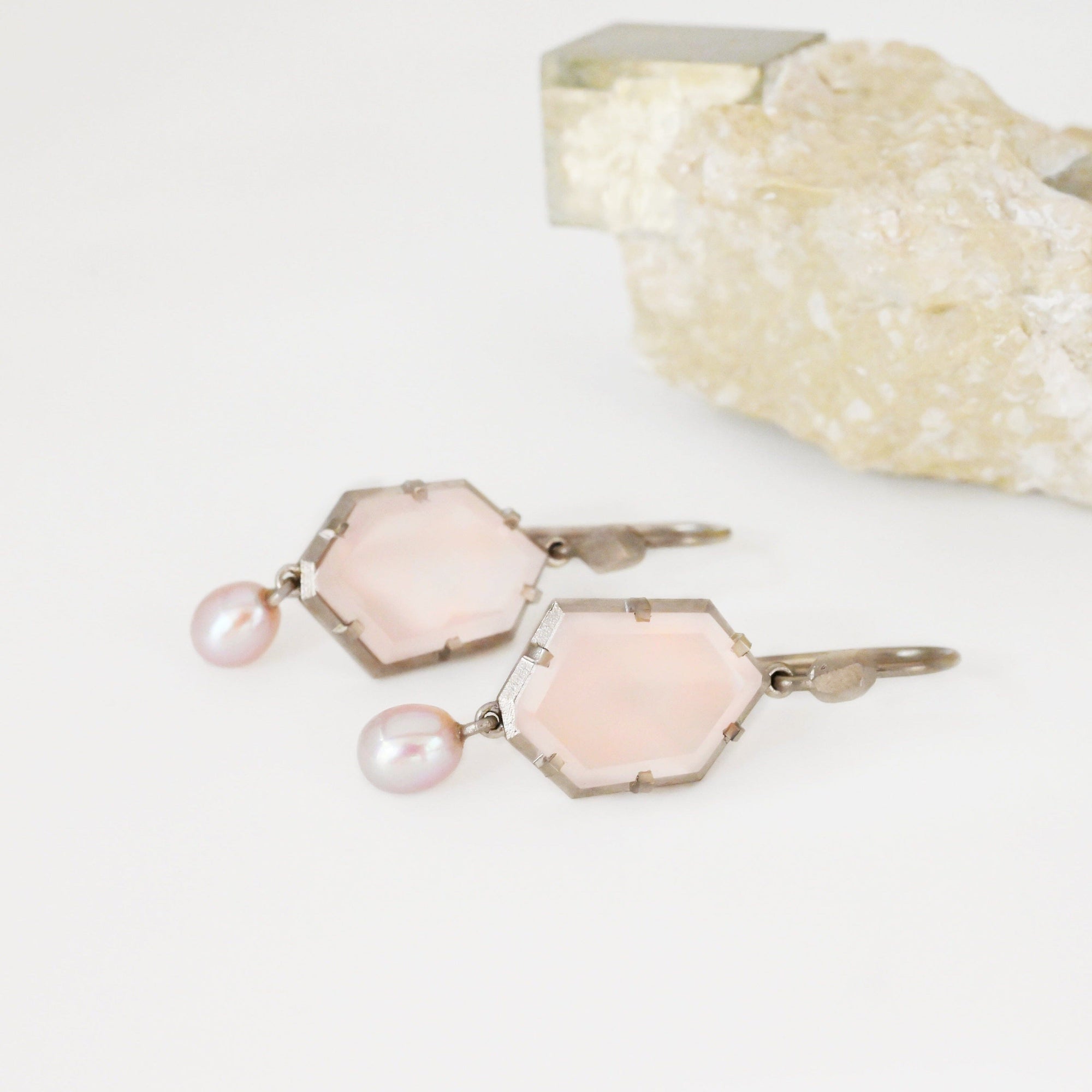 ‘Peak’ Rose Quartz & Pink Pearl Drop White Gold Earrings
