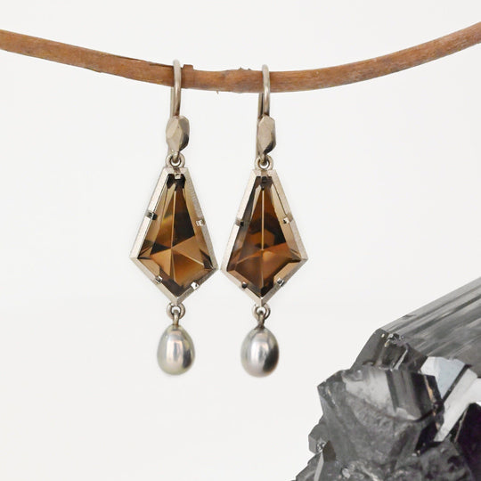 ‘Summit’ Smokey Quartz & Silver Pearl Drop White Gold Earrings Earrings Jason Ree Design 