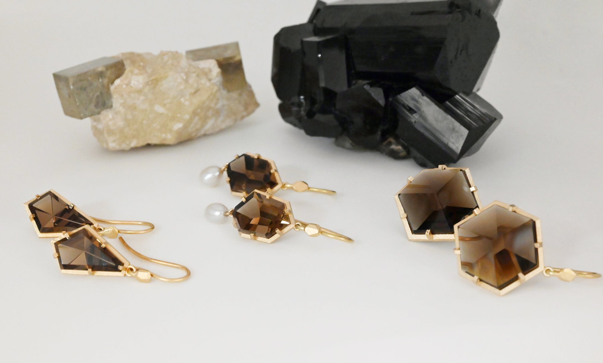 ‘Plateau’ Smokey Quartz Yellow Gold Earrings 