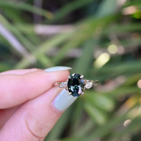 ‘Gumleaf’ 2.31ct Green/Blue Australian Sapphire & Diamond Platinum Ring Ring Jason Ree Design 