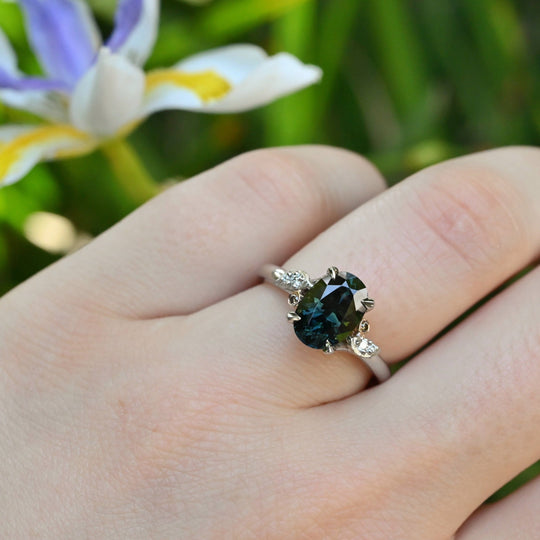 ‘Gumleaf’ 2.31ct Green/Blue Australian Sapphire & Diamond Platinum Ring Ring Jason Ree Design 
